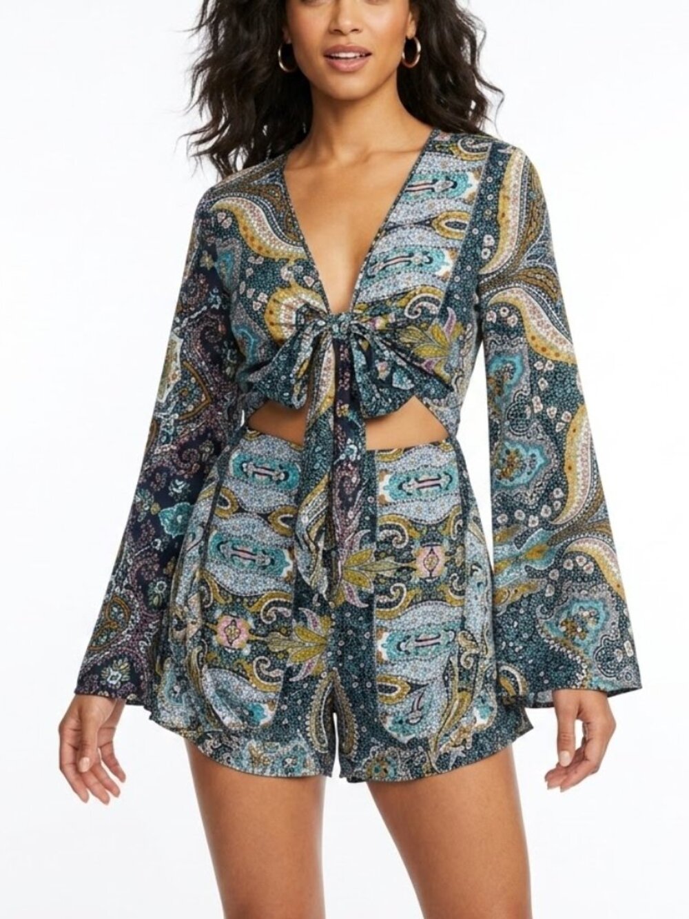AELSON Paisley Boho Romper XL Festival Flare Sleeve Tie Front Playsuit